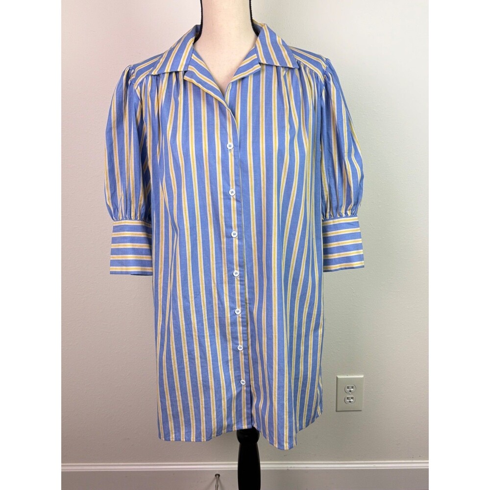 Gigio Blue Yellow Striped Shirt Dress Puff Sleeve Cotton Coastal Preppy Size S